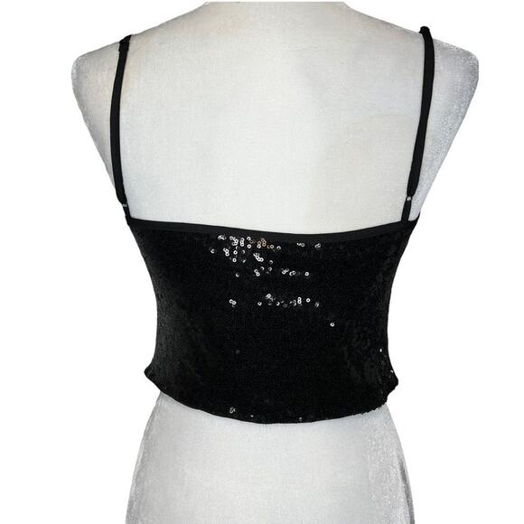 WAYF Black Sequin Crop Cami Top Size S Ruched Front Drawstring Tie NWT - Picture 5 of 12